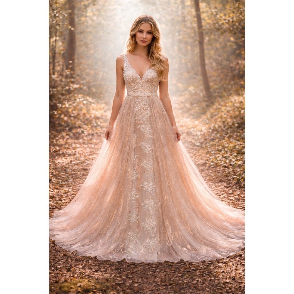 Jovani ethereal wedding Gown sz 10 Champagne Nude A-Line Full Length Lace whimsy